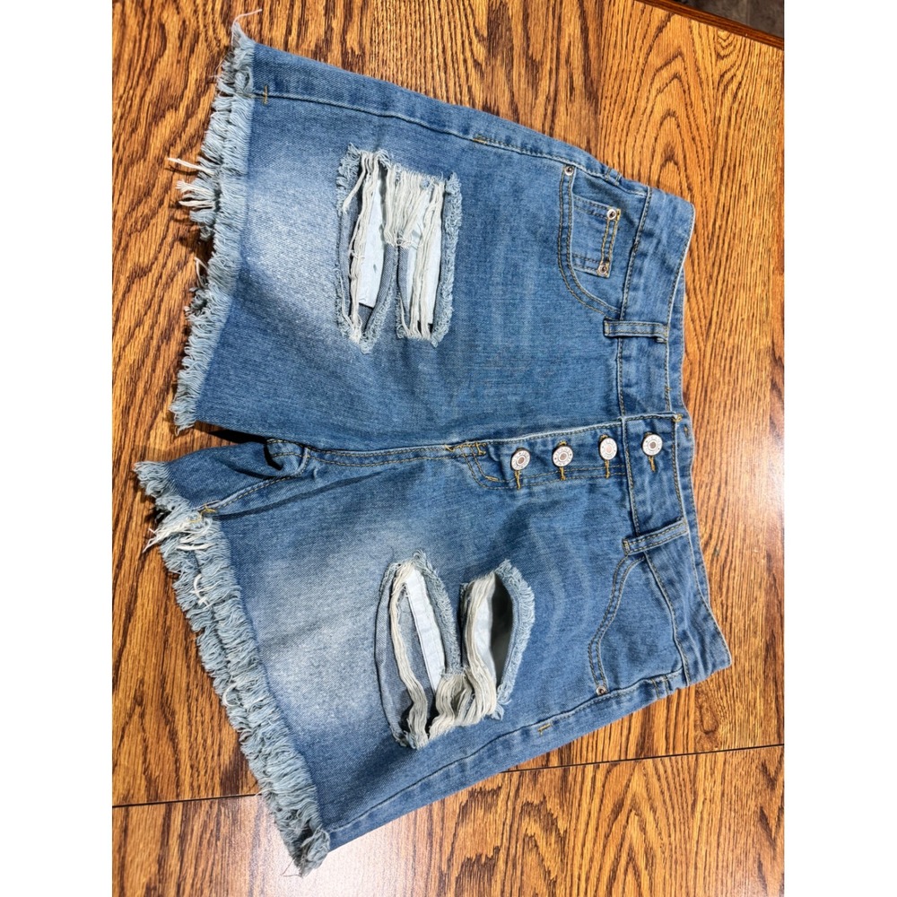 Unbranded Distressed High Waisted Denim Shorts Blue Medium Wash Button Fly Large